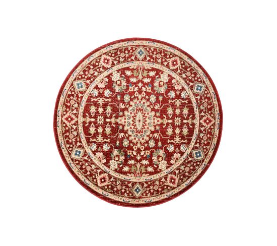 Tapis Rond Classique Rouge Vert Bleu Beige Motif Ornamental Fin 170x170 cm