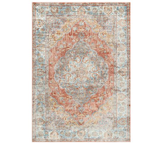 Tapis Poil Court Vintage Cuivre Gris Bleu Floral Salon 140x200