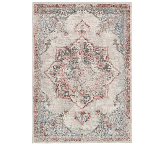 Tapis Poil Court Vintage Bleu Brun Roux Gris Floral 140x200