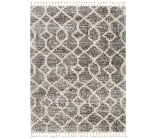 Tapis Shaggy Poils Longs Gris Foncé Crème Ethno Moelleux Franges 160 X 220 Cm