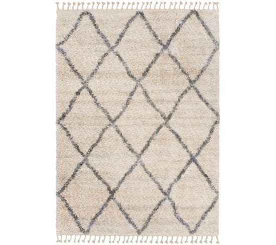 Tapis Shaggy Poils Longs Crème Gris Losanges Moelleux Franges Tresses 140 X 200 Cm