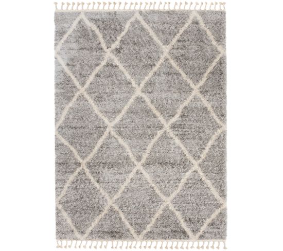 Tapis Shaggy Poils Longs Gris Crème Losanges Moelleux Franges Tresses 120 X 170 Cm