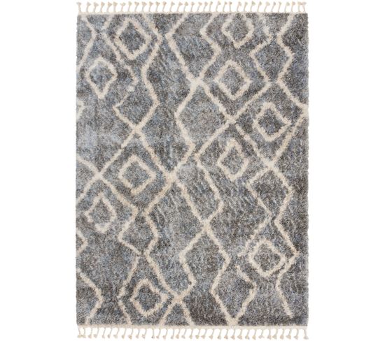 Tapis Shaggy Poils Longs Gris Foncé Crème Ethnique Franges Moelleux 200 X 300 Cm