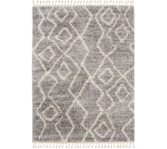 Tapis Shaggy Poils Longs Gris Crème Ethnique Franges Moelleux 120 X 170 Cm