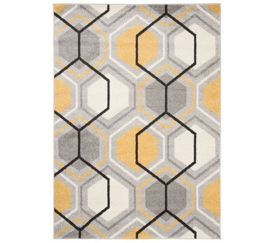 Tapis Salon Chambre Jaune Gris Blanc Noir Hexagone Géométrique 80 X 150 Cm Lazur