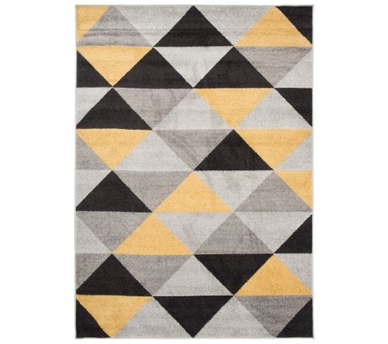 Tapis Salon Chambre Noir Jaune Gris Triangles Doux 200 X 290 Cm Lazur