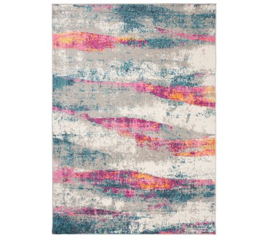 Tapis Salon Chambre Bleu Crème Rose Gris Jaune Abstrait 160 X 220 Cm Lazur