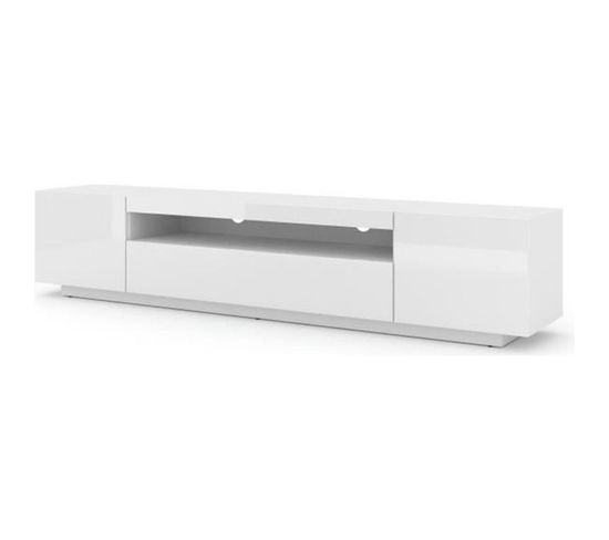 Meuble TV Bas Universel Aura 200 Cm À Suspendre Ou À Poser Blanc Mat / Blanc Brillant Sans LED