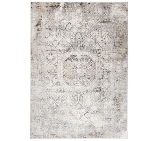 Tapis Salon Vintage Gris Beige Floral Doux Fin 200x300 Valley