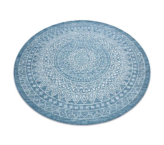 Tapis En Corde Sizal Loft 21207 Rosette Boho Cercle Ivoire/argentin/bleu Cercle 160 Cm