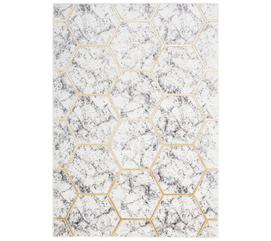 Tapis Salon Chambre Moderne Gris Or Crème Géométrique Doux Shine 200x300