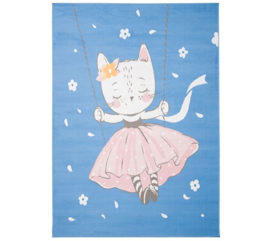 Tapis Enfant Bébé Bleu Rose Blanc Chaton 120 X 170 Cm Jolly