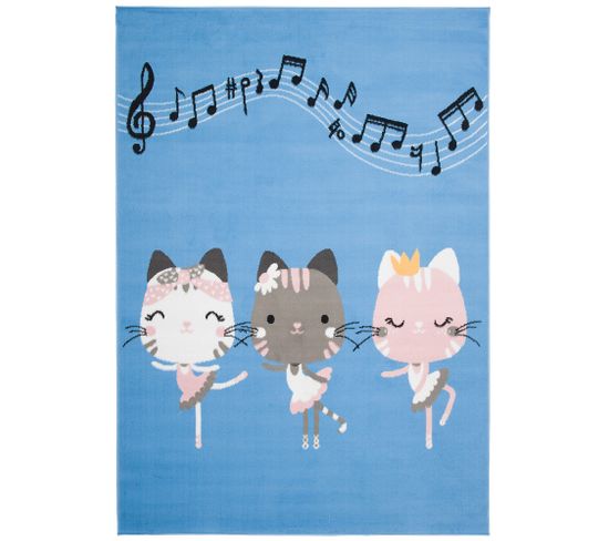 Tapis Enfant Bébé Bleu Gris Blanc Rose Chatons Danseuses 120 X 170 Cm