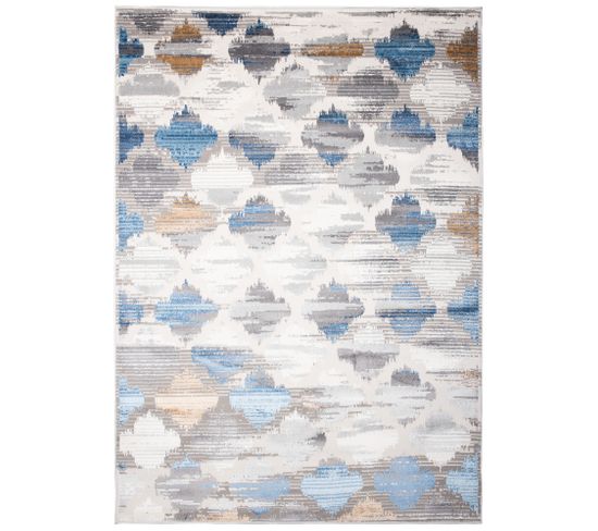 Tapis Salon Crème Bleu Marron Gris Treillis 140x200 Valley