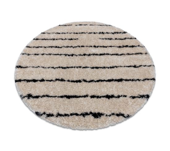 Tapis Fluffy 2371 Cercle Shaggy Rayures - Crème / Anthracite Cercle 120 Cm