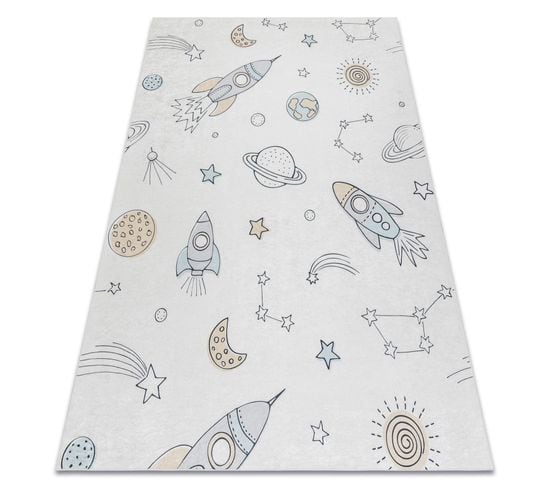 Tapis Lavable Bambino 1278 Fusée Spatiale Pour Les Enfants Antidérapant - Crème 140x190 Cm