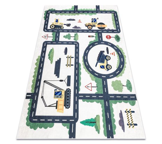 Tapis Lavable Bambino 2223 Ruelles, Voitures Pour Les Enfants Antidérapant - Crème 80x150 Cm