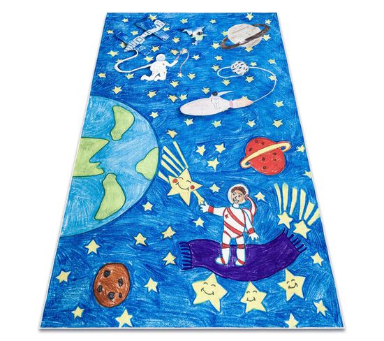 Tapis Lavable Bambino 2265 Fusée Spatiale Pour Les Enfants Antidérapant - Bleu 80x150 Cm