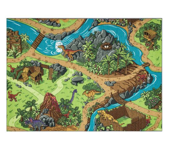 Tapis Rebel Roads Dino World 29 Dinosaures, Antidérapant Pour Enfants - Gris / Vert  95x133 Cm