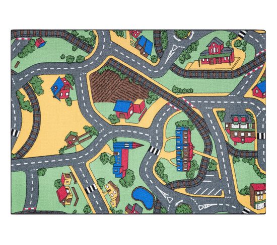 Tapis Rebel Roads Playtime 95 Petite Ville, Antidérapant Pour Enfants - Gris / Vert  95x133 Cm