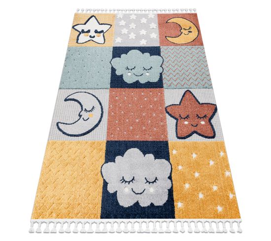 Tapis Yoyo Gd52 Gris / Jaune - Étoiles, Nuages, Patchwork En Peluche Pour Enfants, St 80x150 Cm