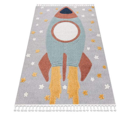 Tapis Yoyo Gd55 Gris / Bleu - Étoiles, La Roquette En Peluche Pour Enfants, Structure 80x150 Cm