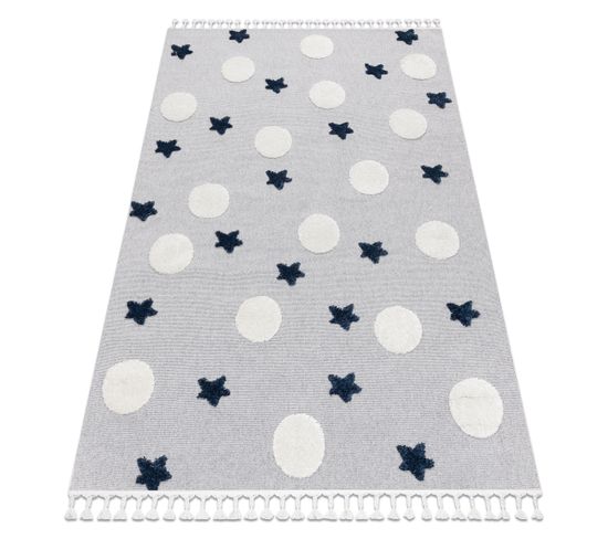 Tapis Yoyo Gd75 Gris / Blanc - Étoiles, Cercles En Peluche Pour Enfants, Structurelle 80x150 Cm