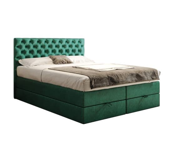 Lit Boxspring 140x200 Cm Louvre Rangement Et Matelas Ressorts Ensachés En Velours Vert