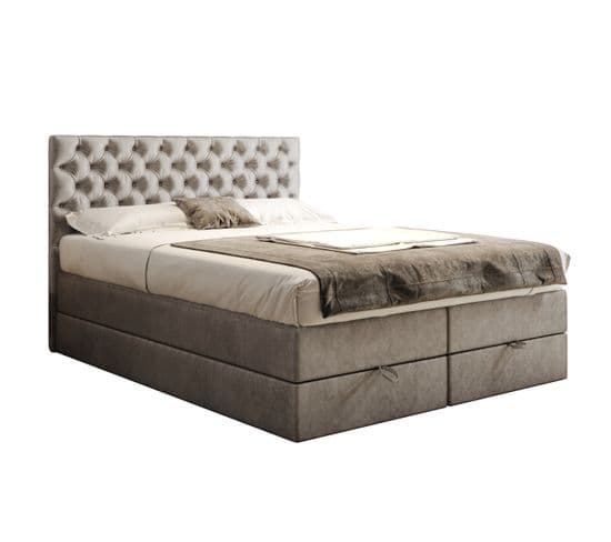 Lit Boxspring 140x200 Cm Louvre Rangement Et Matelas Ressorts Ensachés En Velours Gris Clair