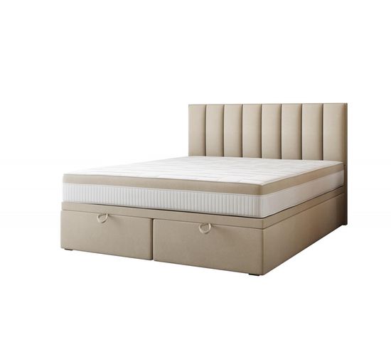 Ensemble 200x200 Cm Bond Avec Rangement Et Matelas Ressorts Ensachés En Tissu Velours Beige