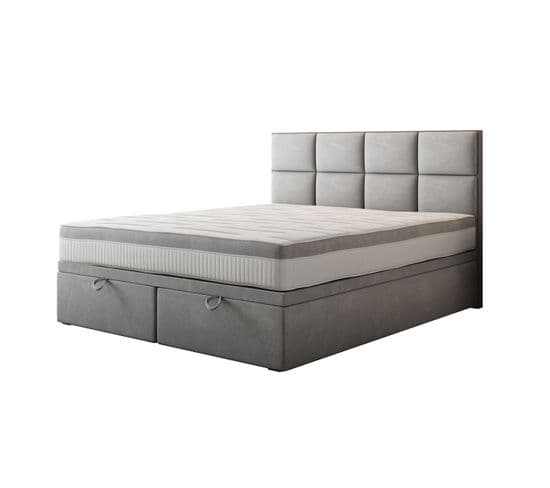 Lit Adulte 140x200 Cm Tropea Rangement Et Matelas Ressorts Ensachés En Tissu Velours Gris