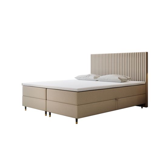 Ensemble 180x200 Cm Estepona Avec Matelas Ressorts Intégrés, Rangement, Surmatelas En Velours Beige