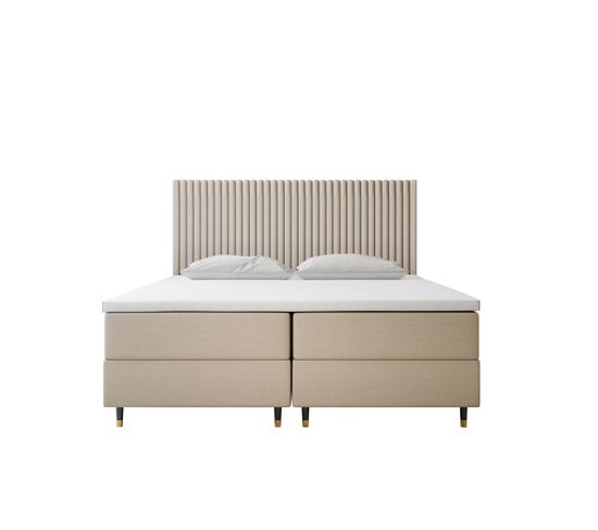 Ensemble 200x200 Cm Estepona Avec Matelas Ressorts Intégrés, Rangement, Surmatelas En Velours Beige