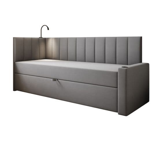 Lit Boxspring 90x200 Cm Tokio Avec Matelas Ressorts Intégré Et Rangement - Gris - Droit