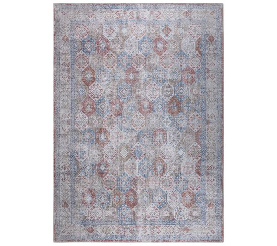 Tapis Salon Vintage Gris Bleu Rouge Beige Ornamental Ritz 80x150cm