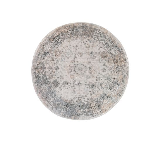 Valley Rond Tapis Poil Court Vintage Beige Gris Clair 80x80cm