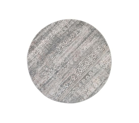 Valley Rond Tapis Poil Court Vintage Beige Gris Clair 200x200cm