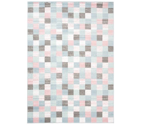 Tapis Enfant Bleu Gris Rose Blanc Carreaux Baby 120 X 170 Cm