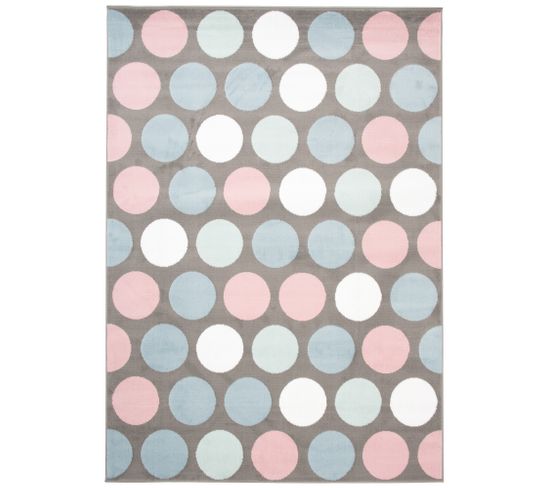 Tapis Enfant Gris Bleu Rose Blanc Pois Baby 160 X 220 Cm