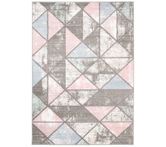 Tapis Enfant Gris Bleu Rose Triangles Baby 80 X 150 Cm