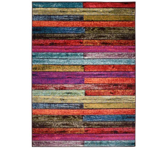 Tapis Salon Chambre Géométrique Rayé Rouge Multicolore Fin 80 X 150 Cm Salsa