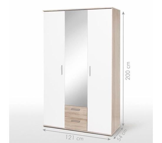 Armoire Battante - Blanc Et Chêne - 3 Portes Et 2 Tiroirs + Miroir - L 121 X P 54 X H 200,1 Cm