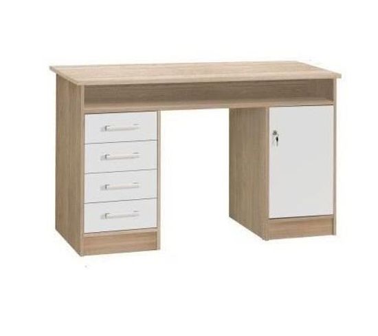 Bureau Droit à Clés - 1 Porte + 4 Tiroirs - Décor Chêne Et Blanc - 126 X P 55 X H 76 Cm - Alicante