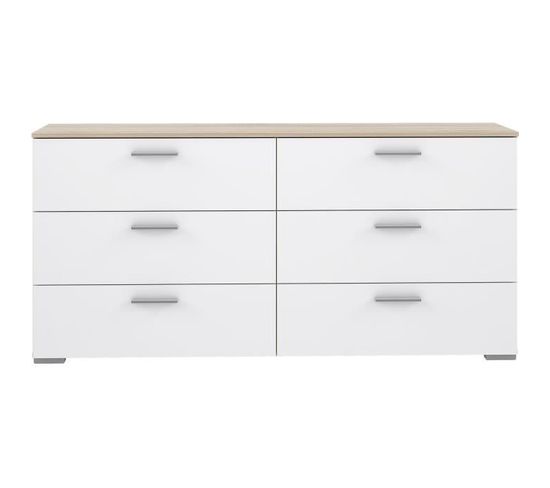 Commode 6 Tiroirs - Décor Chêne Et Blanc Mat - Contemporain - L 159,9 X P 41,3 X H 75,8 Cm