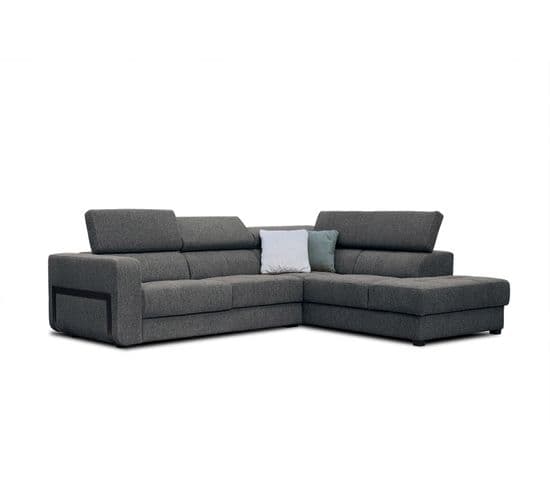 Canapé D'angle Droit Bergo 5 Places En Tissu Gris Foncé Avec Coussins Déco