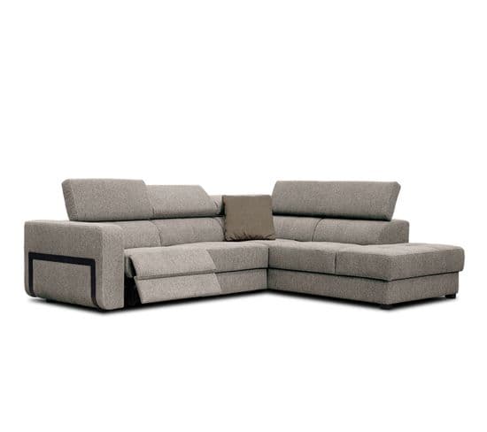 Canapé D'angle Droit Bergo 5 Places Relax Électrique Tissu Taupe Un Coussin Déco