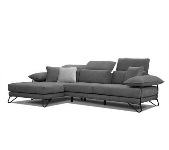 Canapé D'angle Gauche 4 Places En Tissu Gris Foncé Avec Coussins Déco