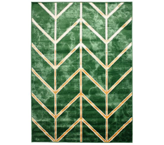 Tapis Salon Vert Or Brillant Chevrons Géométrique Doux Fin 300 X 400 Cm