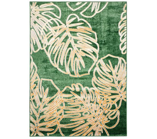 Tapis Salon Vert Or Brillant Feuilles Monstera Doux Fin 140 X 200 Cm