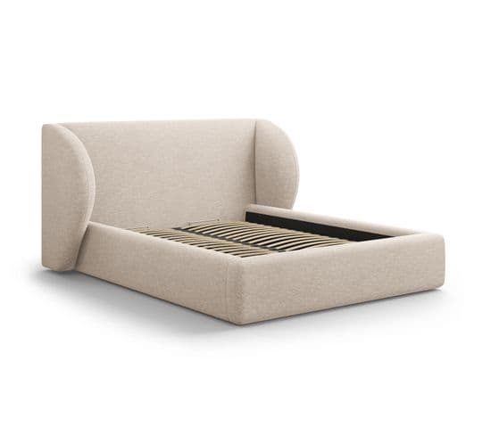 Lit Coffre Avec Tête De Lit "miley", Beige, Tissu Chenille